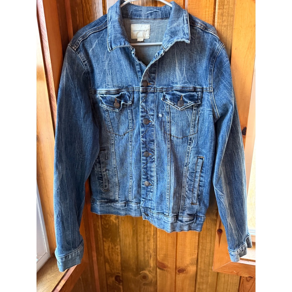 Aeropostale Womens Blue Denim Trucker Jacket Medium Wash Button Front Large